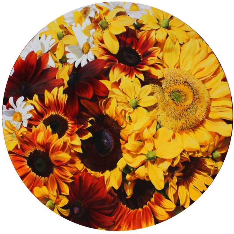 The Sun, painting of Sunflowers on circular canvas by Sarah Caswell