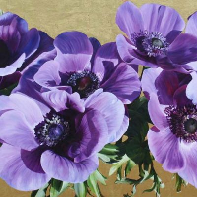 Purple anemones on gold background painting by UK floral artist Sarah Caswell