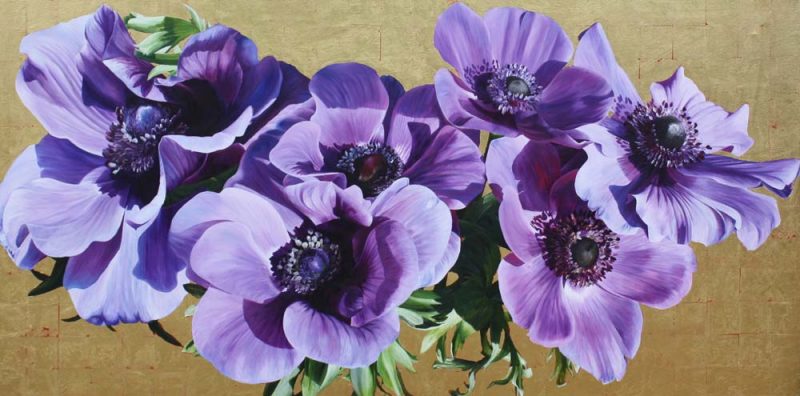 Purple anemones on gold background painting by UK floral artist Sarah Caswell