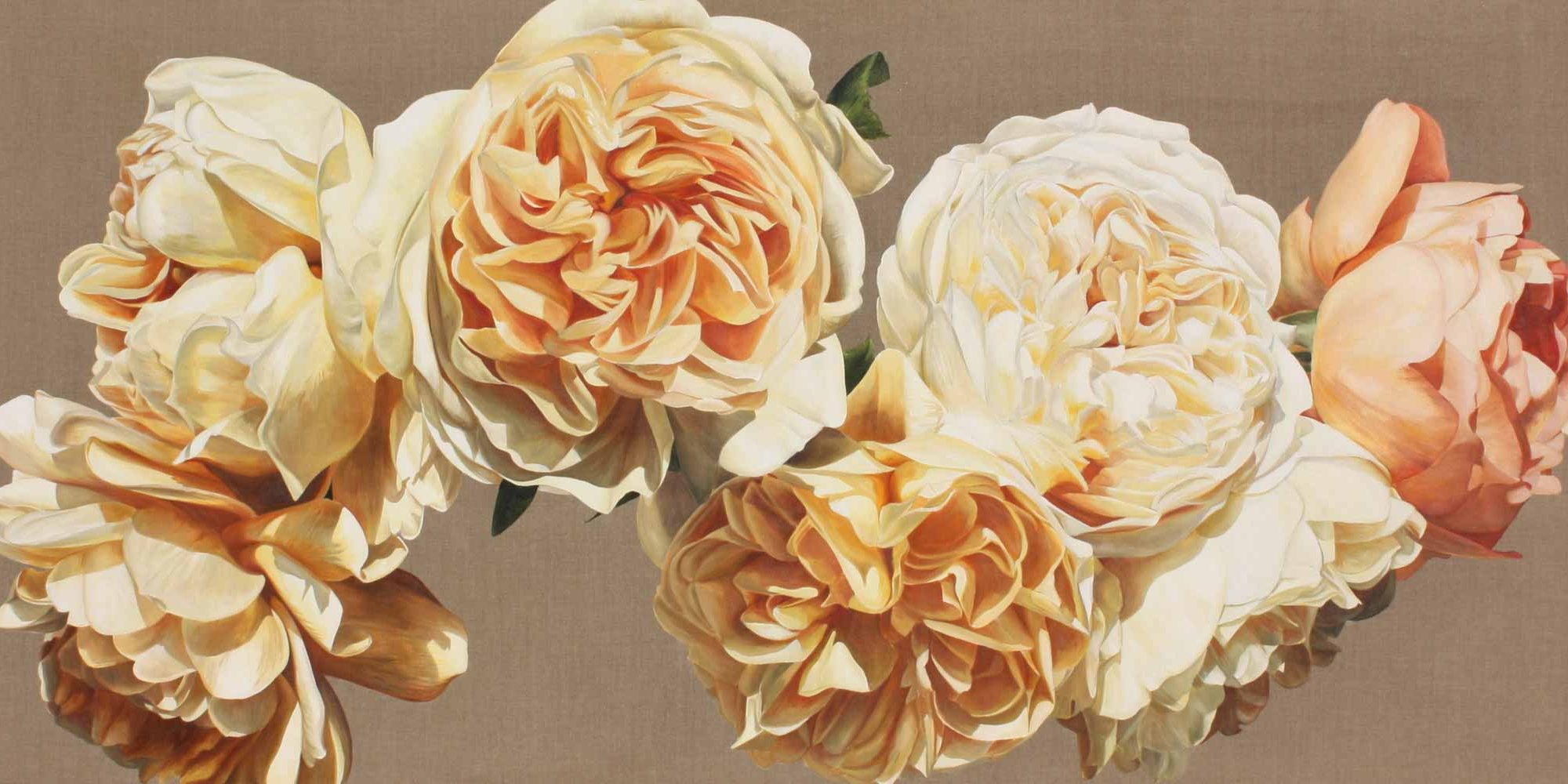 Yellow and coral David Austin roses on linen background painting by UK floral artist Sarah Caswell