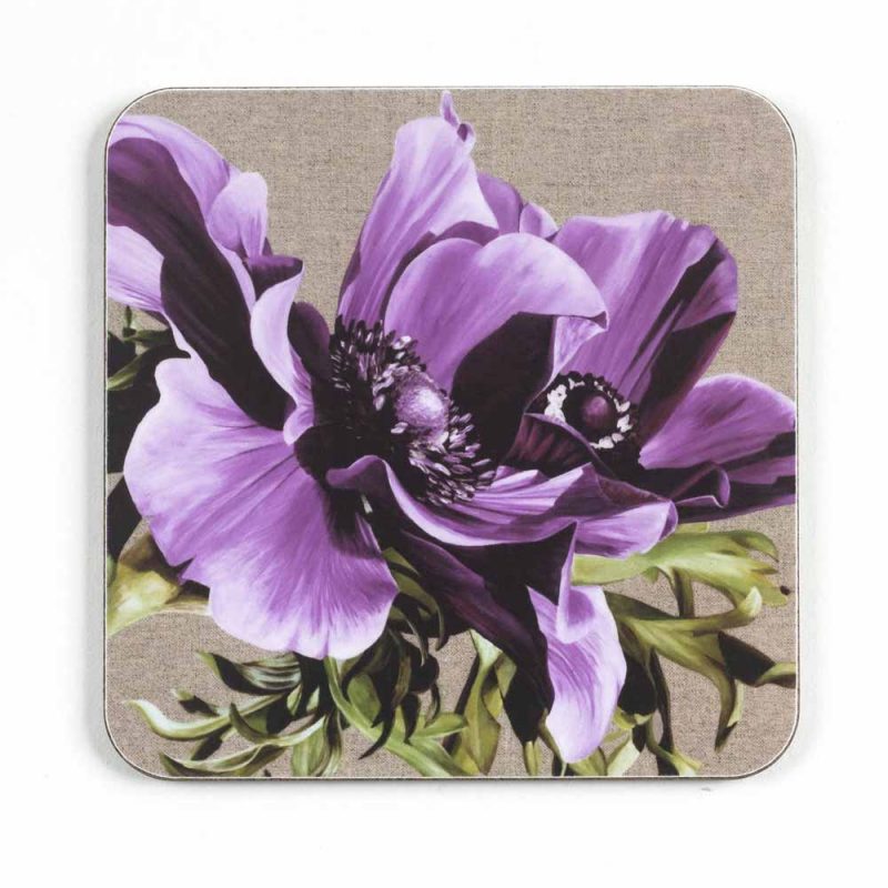 Melamine coaste, purple anemones from an original acrylic painting by UK floral artist Sarah Caswell