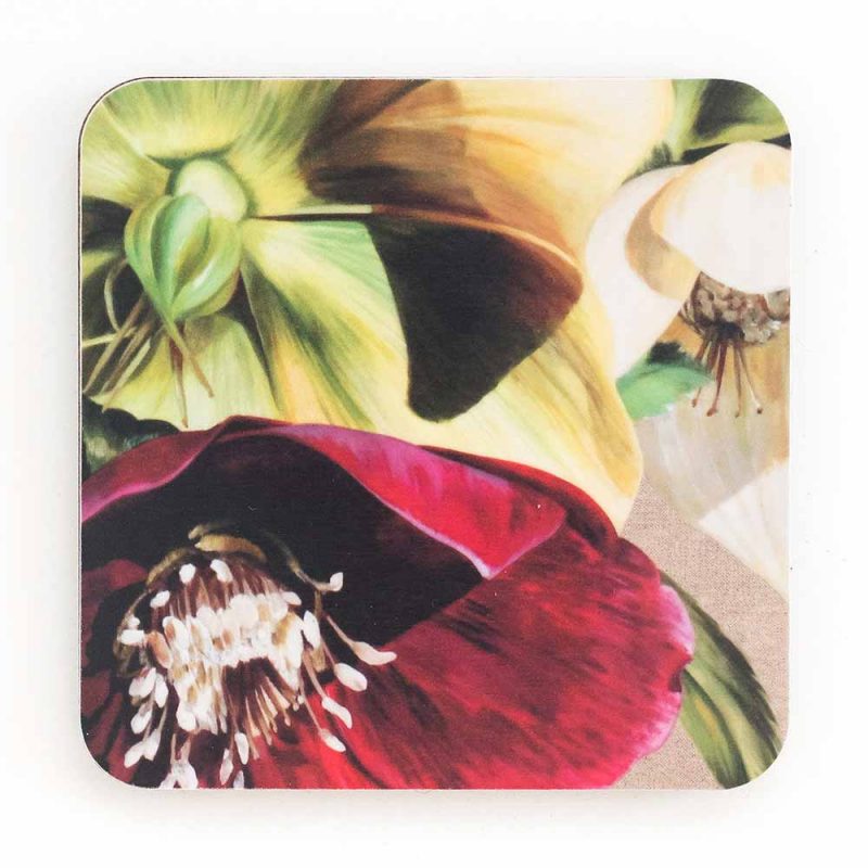 Green and burgundy hellebores on linen painting by Sarah Caswell melamine coaster