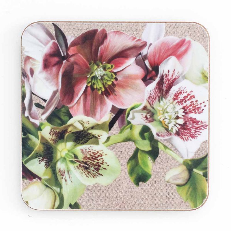 Pink, green and spotted hellebores on linen painting by Sarah Caswell melamine coaster