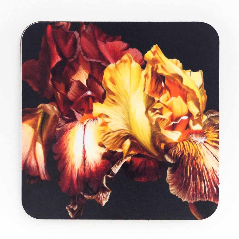 Toffee and gold irises on chocolate background painting by Sarah Caswell melamine coaster