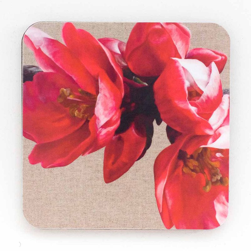 Red japonica chaenomeles on linen painting by Sarah Caswell melamine coaster