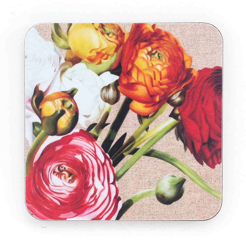 multi-coloured ranunculus on linen painting by Sarah Caswell melamine coaster