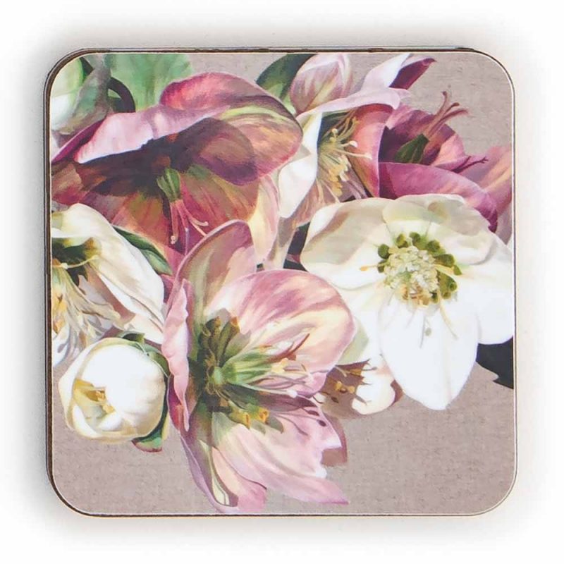 Pink and white hellebores on linen painting by Sarah Caswell melamine coaster