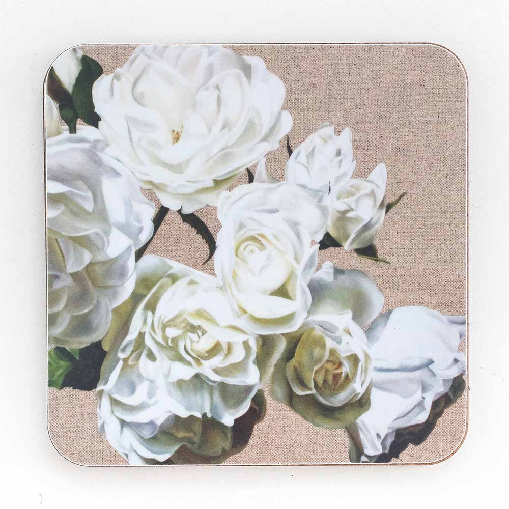 White iceberg roses on linen painting by Sarah Caswell melamine coaster