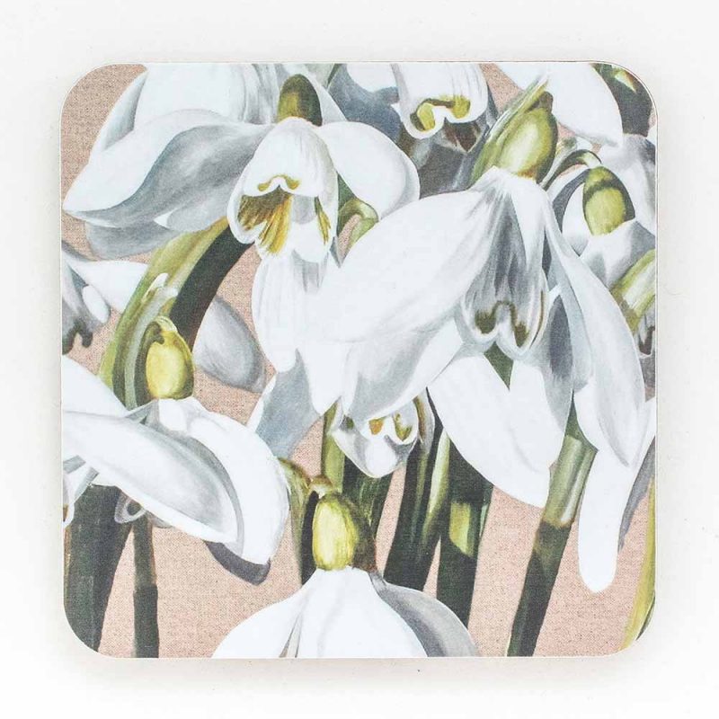 white and green snowdrops galanthus on linen painting by Sarah Caswell melamine coaster