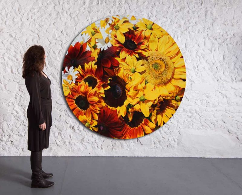 'The Sun' by Sarah Caswell. Acrylic on cotton canvas, 150cm diameter tondo. Depicted in a gallery setting.