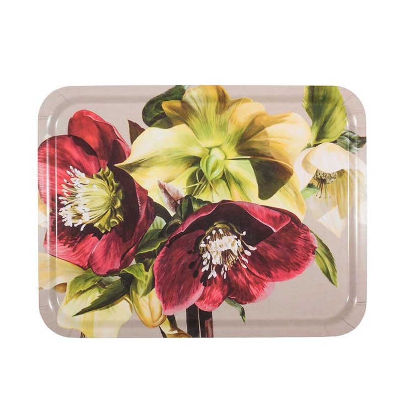 Burgundy and green hellebores painting on linen by Sarah Caswell birchwood tray