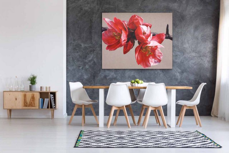 Canvas print of red japonica on linen background. Painting by UK floral artist Sarah Caswell