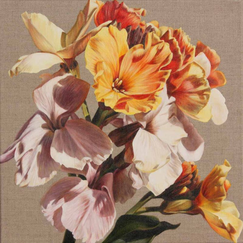 Multicoloured wallflowers on linen background painting by UK floral artist Sarah Caswell