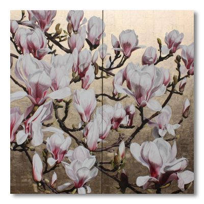 Pink and white bi-coloured magnolia on a gold background painting by Sarah Caswell