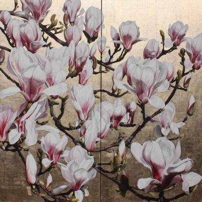 Pink and white magnolia on gold background painting by UK floral artist Sarah Caswell