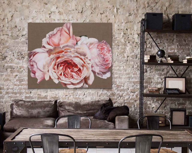 Canvas print of coral pink on linen background. Painting by UK floral artist Sarah Caswell