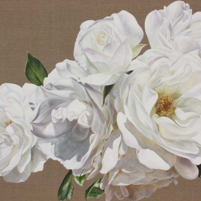 White iceberg roses on linen background painting by UK floral artist Sarah Caswell