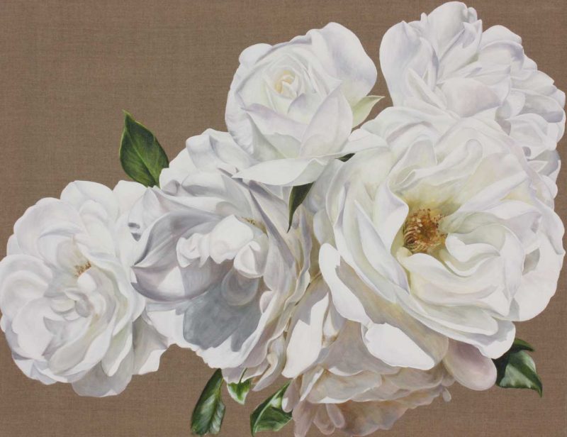 White iceberg roses on linen background painting by UK floral artist Sarah Caswell