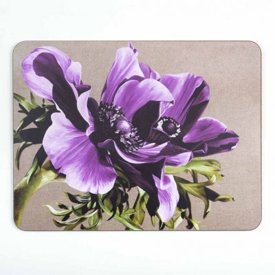 Tablemat placemat with purple anemones from an original acrylic painting by Uk flower artist Sarah Caswell. Wipe clean melamine, green baize backing.