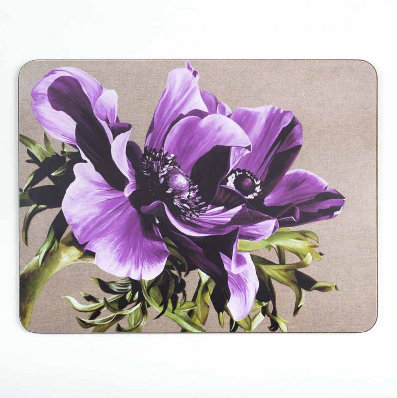 Tablemat placemat with purple anemones from an original acrylic painting by Uk flower artist Sarah Caswell. Wipe clean melamine, green baize backing.