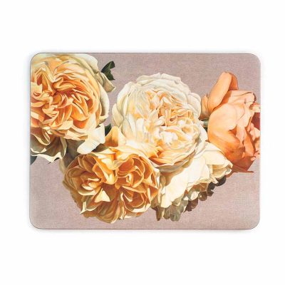 Yellow and coral David Austin roses on linen painting by Sarah Caswell melamine tablemat