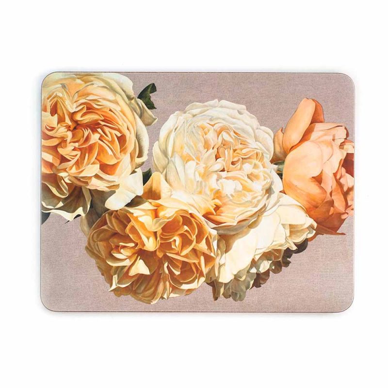 Yellow and coral David Austin roses on linen painting by Sarah Caswell melamine tablemat