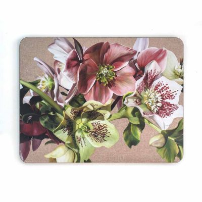 Pink, green and spotted white hellebores on linen painting by Sarah Caswell melamine tablemat tablemats table mat placemat placemats