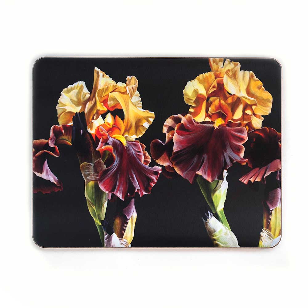 Gold and toffee irises on chocolate background painting by Sarah Caswell melamine tablemat