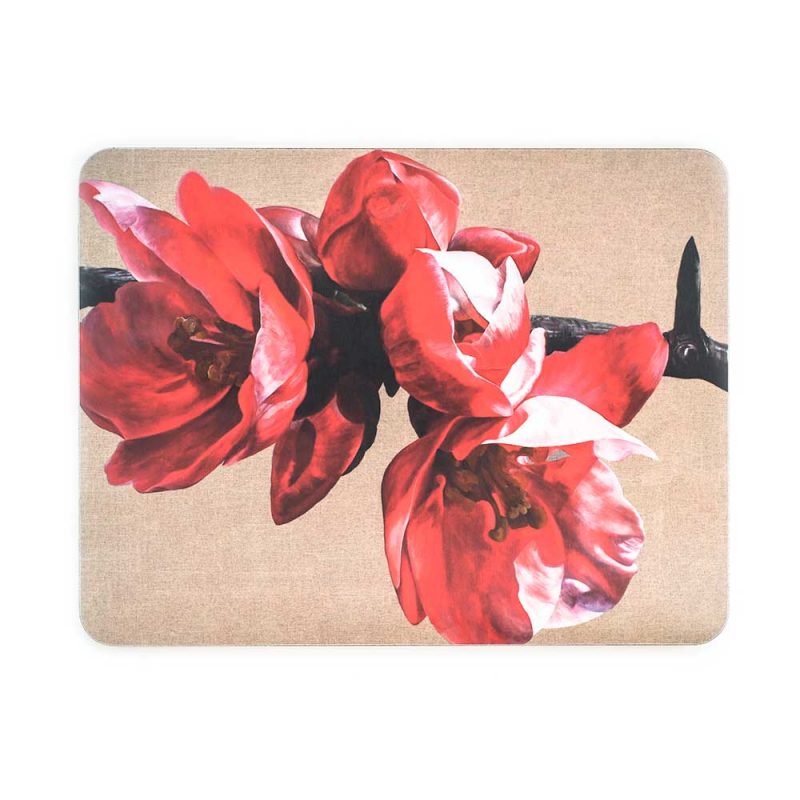 Red japonica chaenomeles on linen painting by Sarah Caswell melamine tablemat