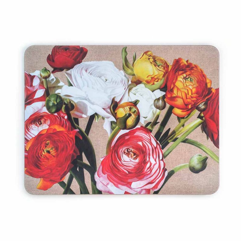 Multi-coloured ranunculus on linen painting by Sarah Caswell melamine tablemat