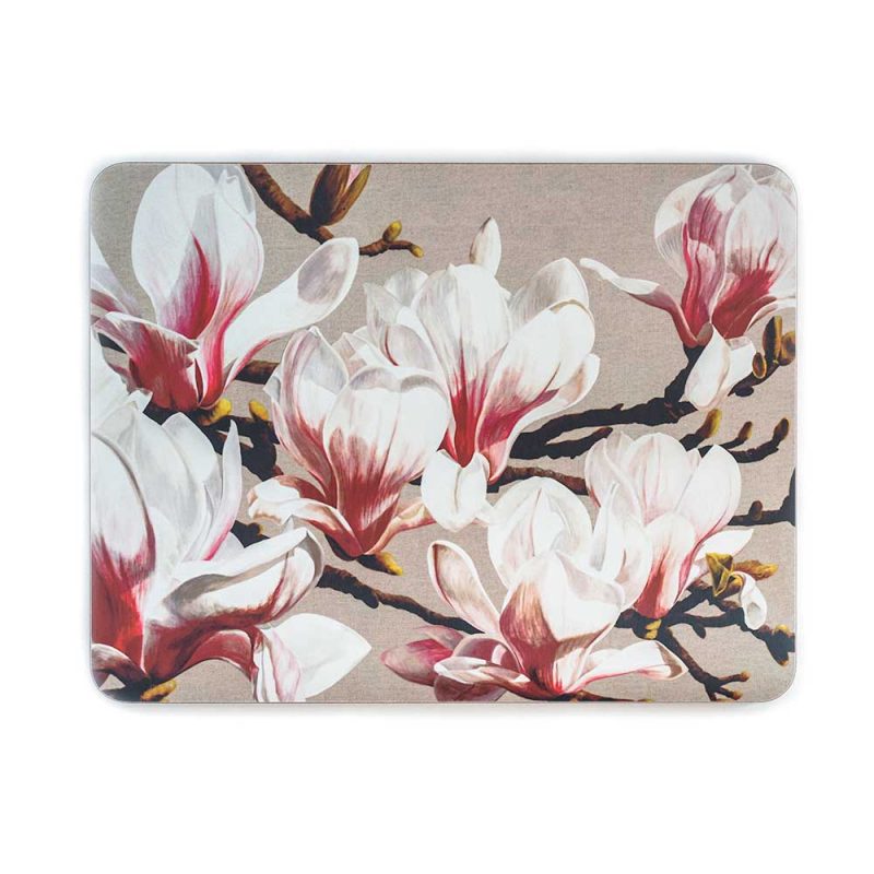 Pink and white magnolia on linen painting by Sarah Caswell melamine tablemat