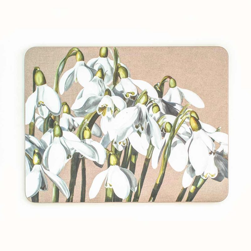 White and green snowdrop galanthus on linen painting by Sarah Caswell melamine tablemat