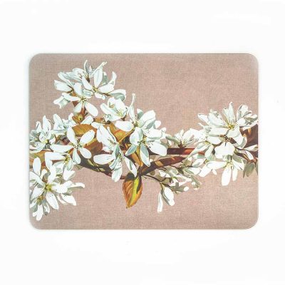 White amelanchier on linen painting by Sarah Caswell melamine tablemat