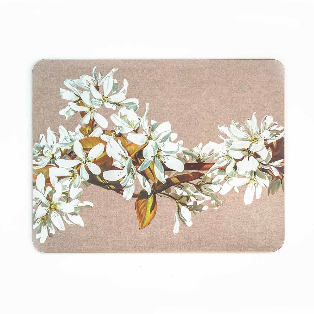 White amelanchier on linen painting by Sarah Caswell melamine tablemat