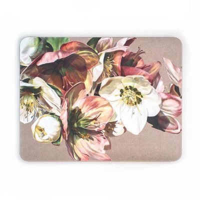 Pink and white hellebores on linen painting by Sarah Caswell melamine tablemat