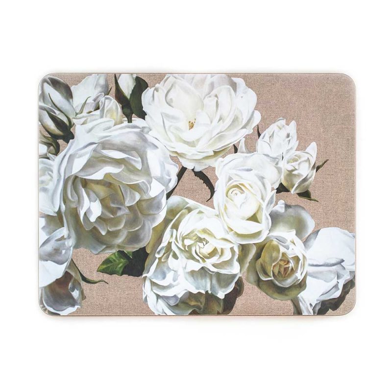 White iceberg roses on linen painting by Sarah Caswell melamine tablemat