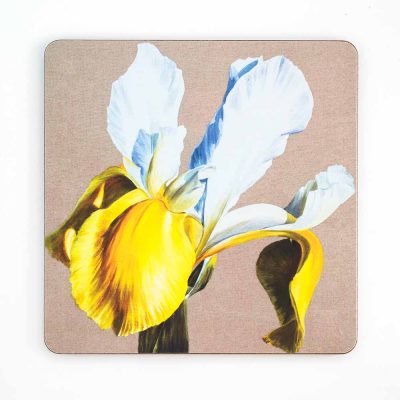 White and yellow dutch iris on linen painting by Sarah Caswell melamine tablemat or coaster