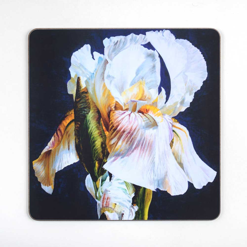 Tablemat square coaster. White irises from an original acrylic painting by Uk flower artist Sarah Caswell. Wipe clean melamine, green baize backing.