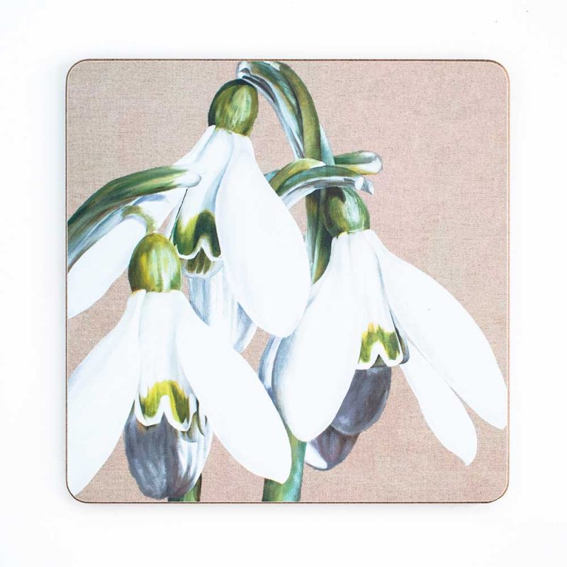 White and green snowdrops galanthus on linen painting by Sarah Caswell melamine tablemat or coaster