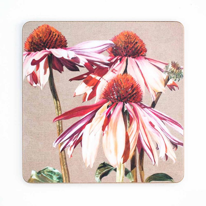 Multi-coloured echinacea Sundowner on linen painting by Sarah Caswell melamine tablemat or coaster