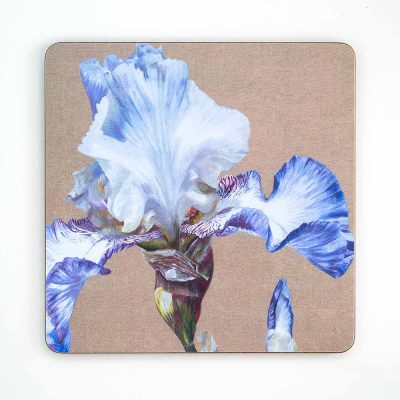 Blue and white iris on linen painting by Sarah Caswell melamine tablemat or coaster