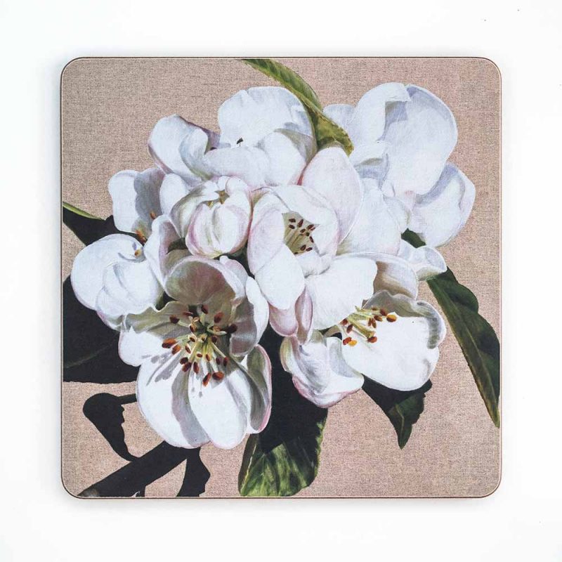 White apple blossom on linen painting by Sarah Caswell melamine tablemat or coaster