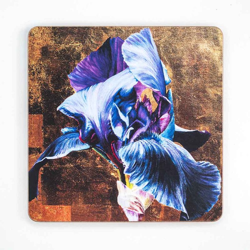Dark blue iris on gold painting by Sarah Caswell melamine tablemat or coaster