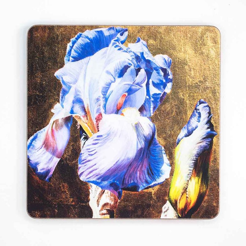 Blue iris on gold painting by Sarah Caswell melamine tablemat or coaster
