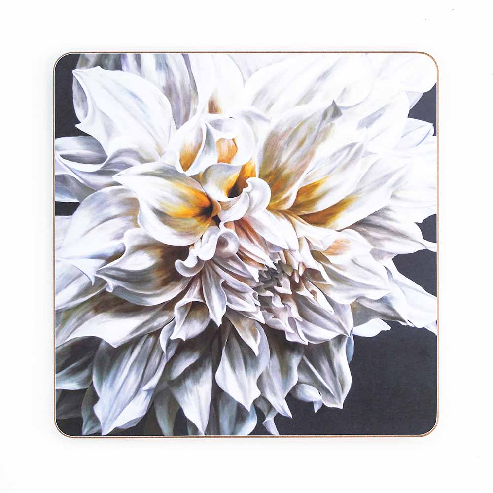 White Cafe au Lait dahlia painting by Sarah Caswell melamine tablemat or coaster