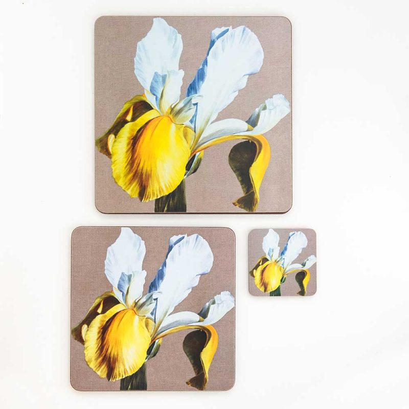 Yellow and white dutch iris on linen painting by Sarah Caswell melamine tablemat and coaster range