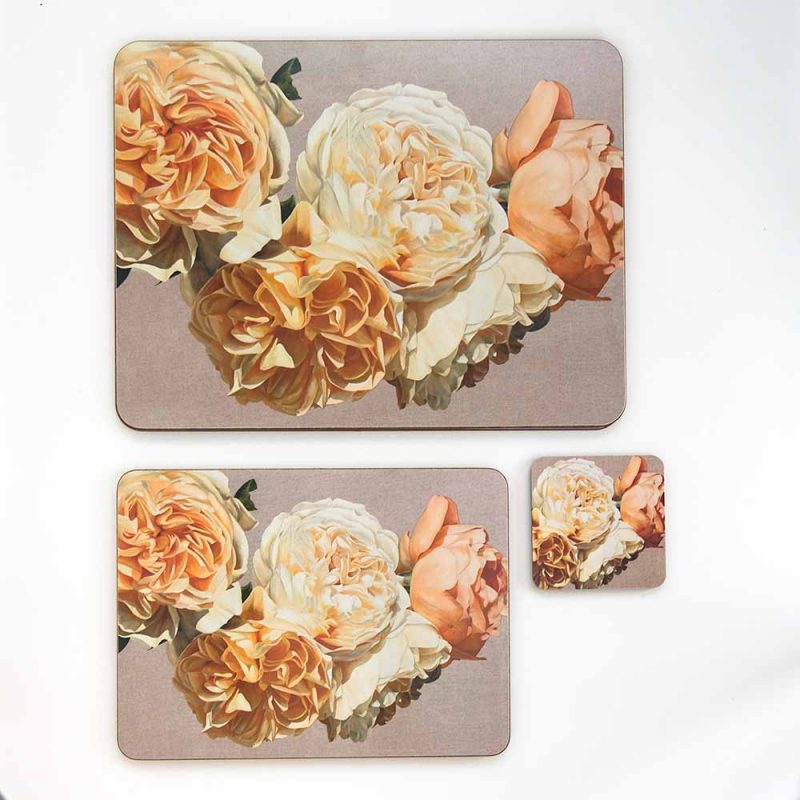 Yellow and coral David Austin roses on linen painting by Sarah Caswell melamine tablemat and coaster range
