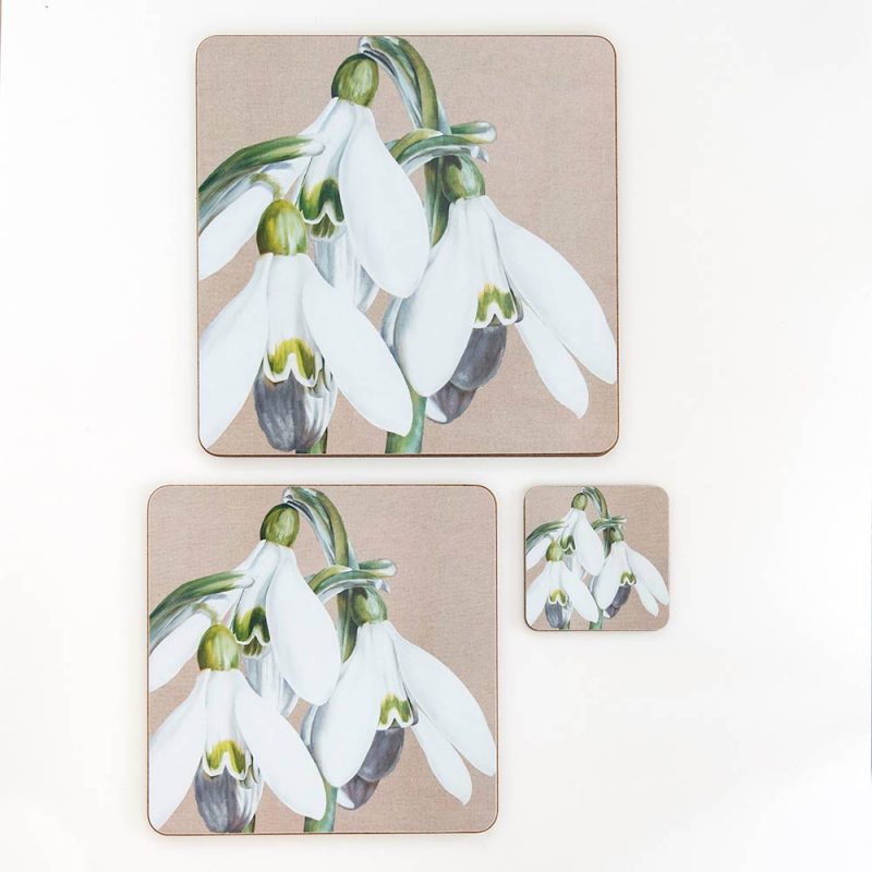 White and green snowdrops galanthus on linen painting by Sarah Caswell melamine tablemat and coaster range