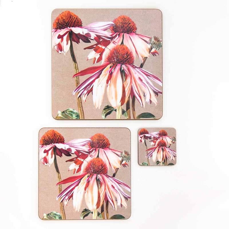 Multi-coloured echinacea Sundowner on linen painting by Sarah Caswell melamine tablemat and coaster range