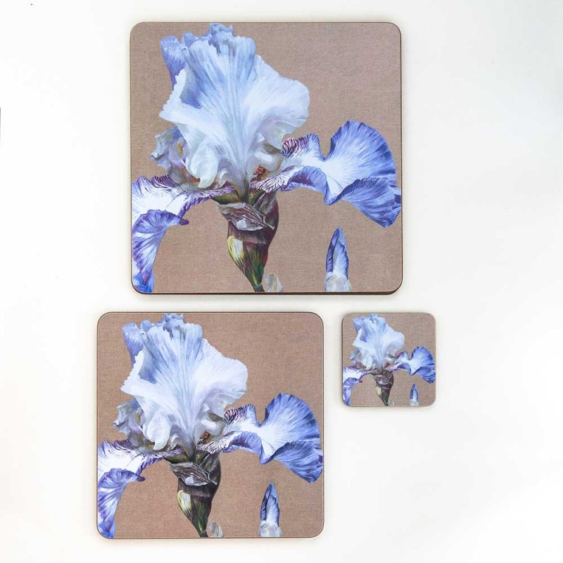 Blue and white iris on linen painting by Sarah Caswell melamine tablemat and coaster range